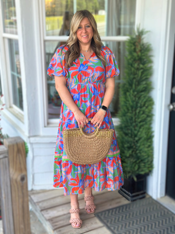 Blue Mix Puff Sleeve Maxi Dress