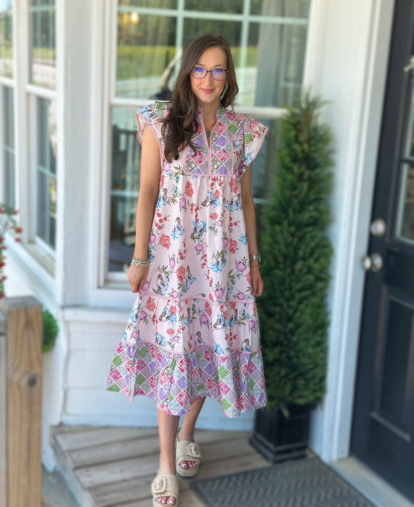 Pink Patchwork Garden Midi Dress