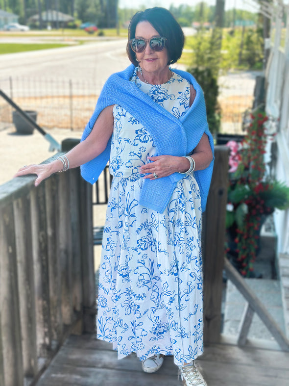 Cream and Blue Midi Skirt