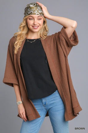 Brown Chunky Waffle Knit Cardigan With Side Slit
