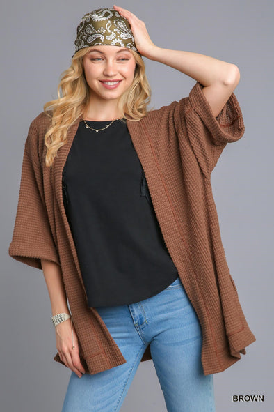Brown Chunky Waffle Knit Cardigan With Side Slit