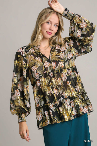 Olive and Black Metallic Floral Top