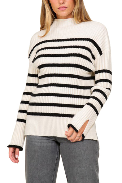 Black and White Stripe Mock Neck Sweater