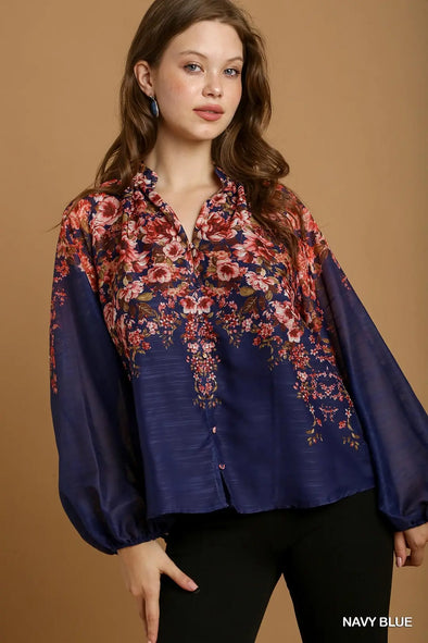 Navy Floral Button Down Top