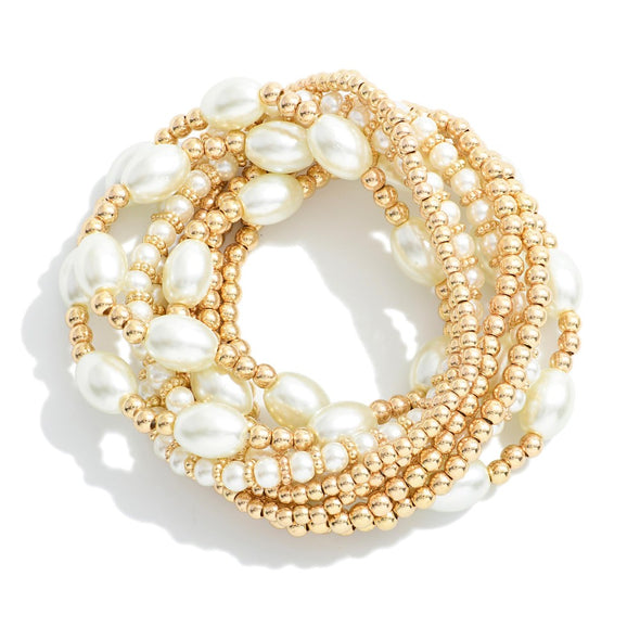 Set of 9 Gold and Pearl Stretch Bracelets