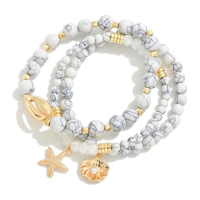 Set of 3 Howlite Bracelets w/ Shell and Starfish Charms