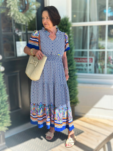 Navy and Blue Smocked Waist Midi Dress w/ Pockets