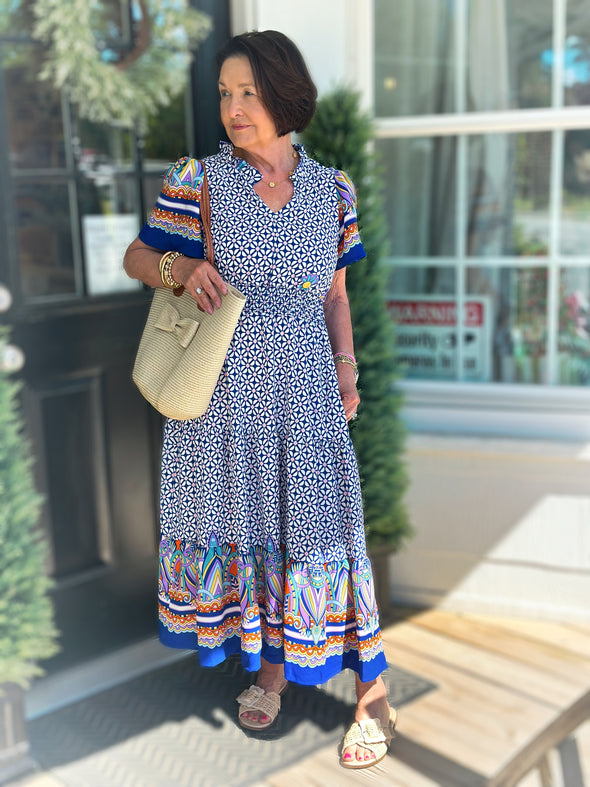 Navy and Blue Smocked Waist Midi Dress w/ Pockets