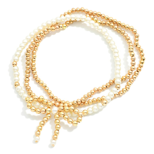 Set of 3 Pearl and Gold Bow Bracelets