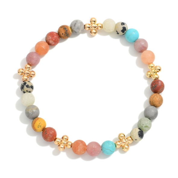 Multi Semi Precious Stone Bracelet w/ Cross Charm