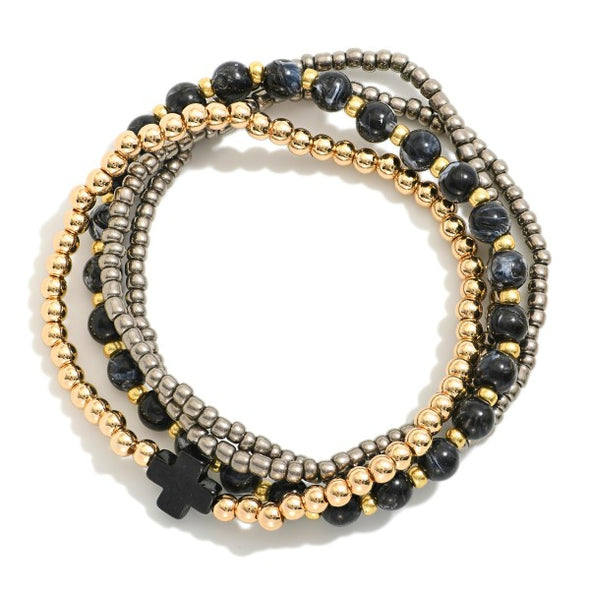 Set of 4 Cross Black Beaded Bracelets