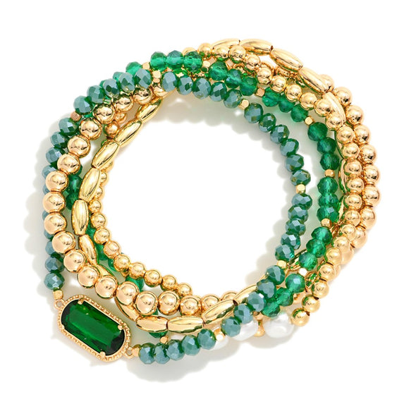 Set of 5 Green Beaded Bracelets