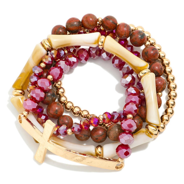 Set Of 5 Burgundy Beaded Stretch Bracelets