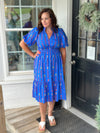 Blue Smocked Waist Puff Sleeve Midi Dress