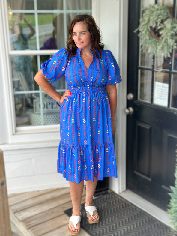 Blue Smocked Waist Puff Sleeve Midi Dress