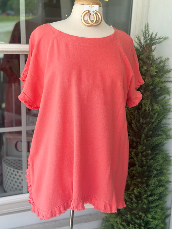 Plus Coral Linen Cotton Floral Lace Back Top