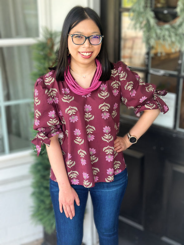 Burgundy Floral Puff Sleeve Top