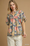 Navy Mix Floral Puff Sleeve Peasant Blouse