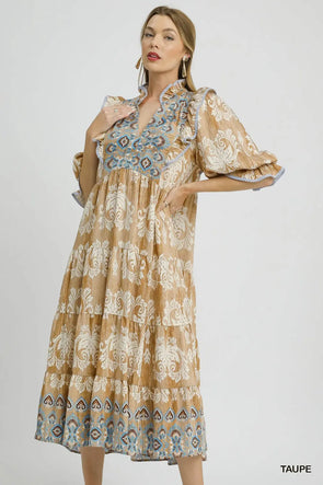 Taupe and Blue Damask Ruffle Sleeve Midi Dress