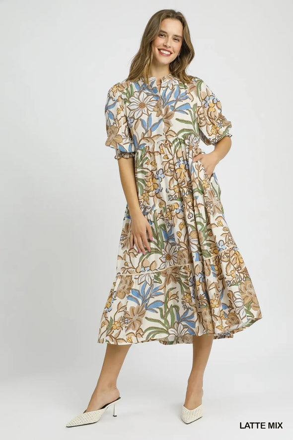 Latte Mix Floral Tiered Midi Dress