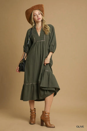 Olive V Neck Collared Midi Dress w/ Leopard Accents
