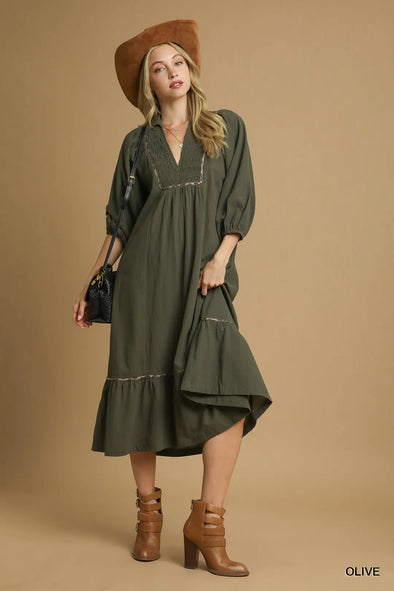 Olive V Neck Collared Midi Dress w/ Leopard Accents