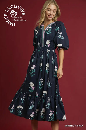 Midnight Mix Floral Print V Neck Midi Dress