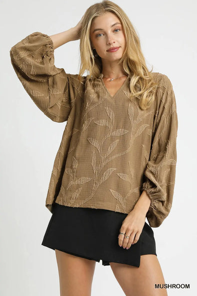 Mushroom Textured Jacquard V-Neck Top
