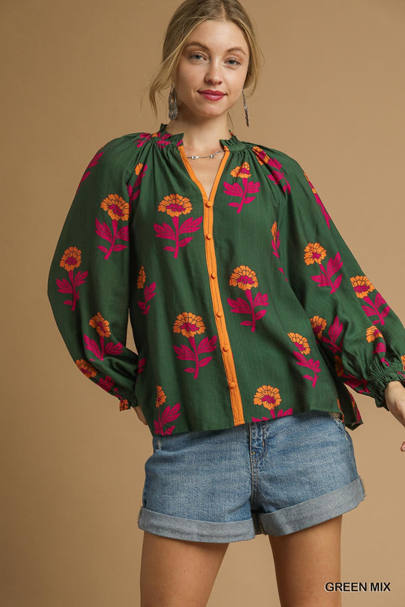 Green Mix Floral Print Button Front Blouse