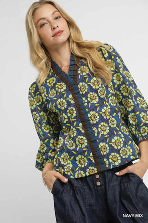 Navy Floral Ruffle Trim Blouse with 3/4 Sleeves