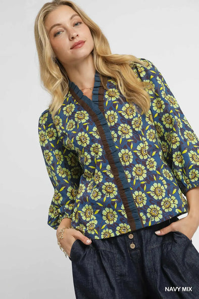 Navy Floral Ruffle Trim Blouse with 3/4 Sleeves