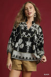 Black Tribal Print V-Neck Top
