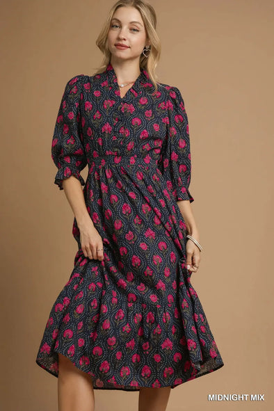 Brown Mix Puff Sleeve Midi Dress