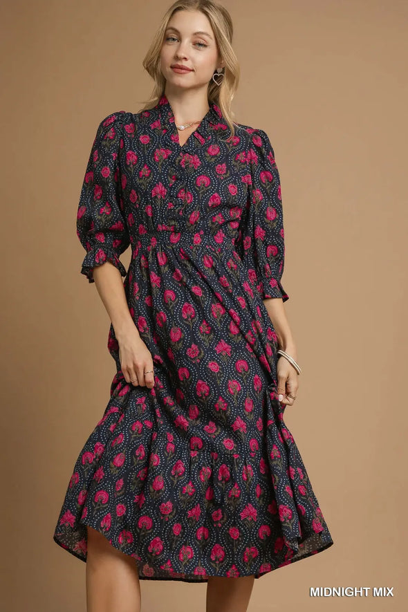 Brown Mix Puff Sleeve Midi Dress