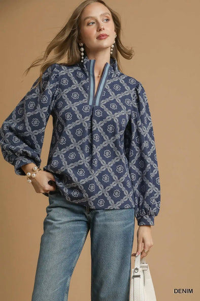Denim Abstract Print High Neck Top
