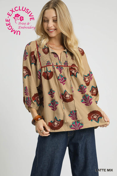 Latte Mix Smocked Boho Tassel Tunic Top