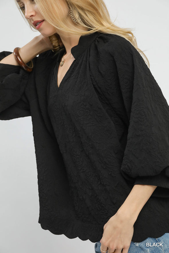 Black Textured Raglan Top