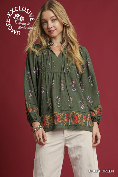 Forest Green Floral Boho Peasant Blouse (S-2X)