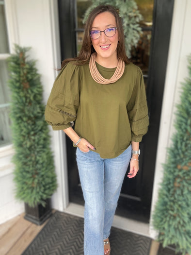 Olive 3/4 Sleeve Mix Media Top