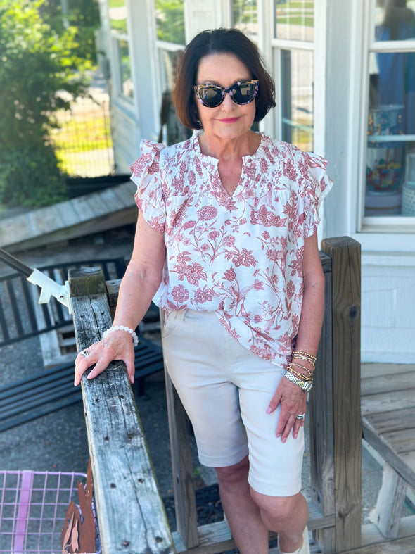 Rose Clay Floral Ruffle Sleeve Top
