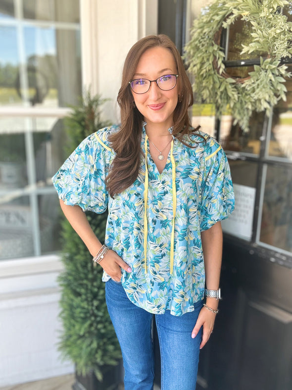 Blue and Yellow Puff Sleeve Floral Top (XS-L)
