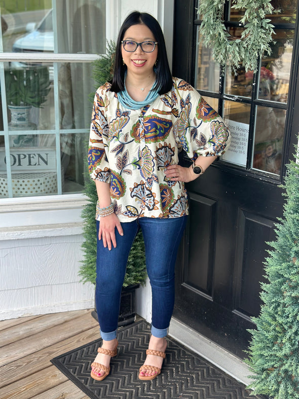 Cream Boho Paisley Puff Sleeve Blouse