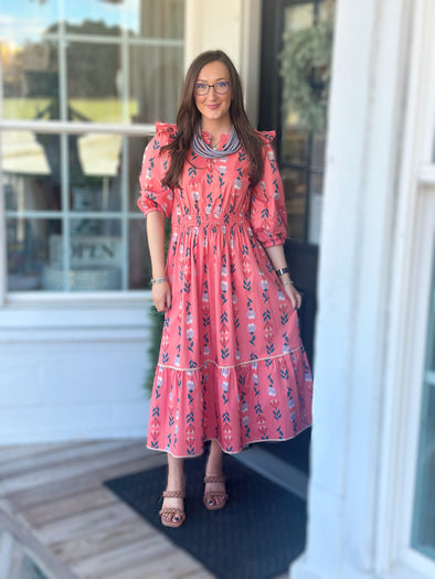 Coral Puff Sleeve Smocked Floral Midi Dress