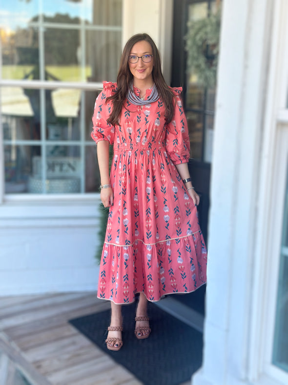 Coral Puff Sleeve Smocked Floral Midi Dress