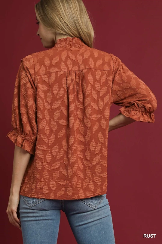 Rust Floral Jacquard V-Neck Top
