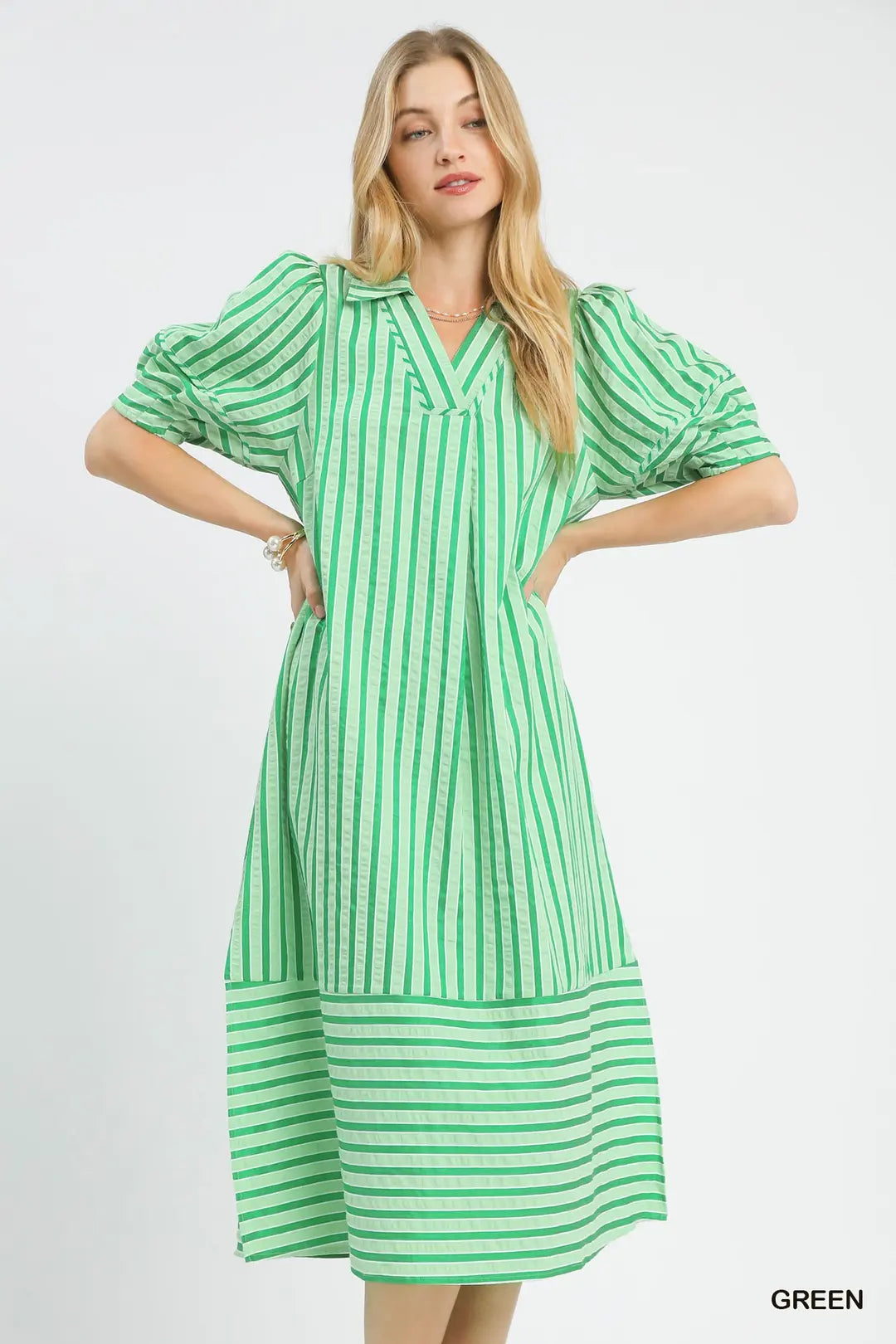 Green Striped Puff Sleeve Midi Dress Grace At Home Treasures Green Striped Puff Sleeve Midi Dress Grace At Home Treasures