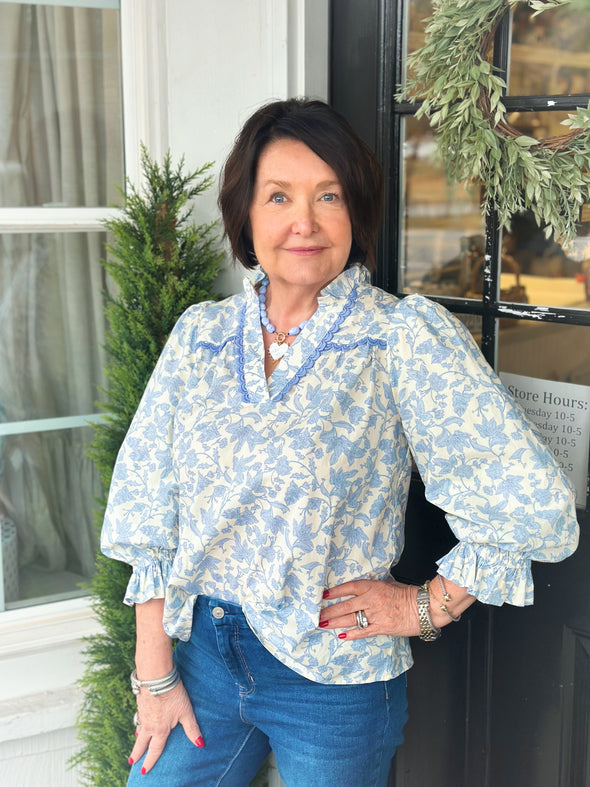 Baby Blue Floral Puff Sleeve Top