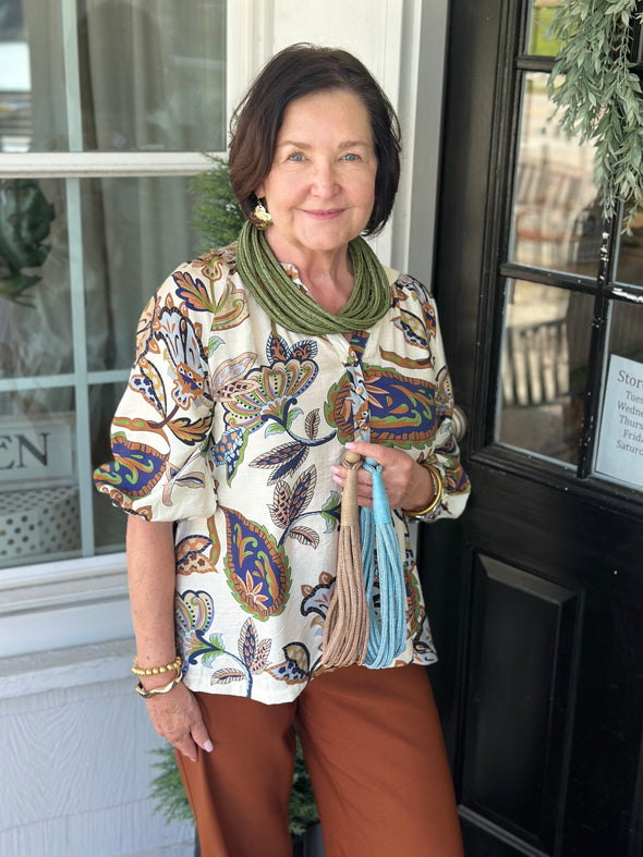 Cream Boho Paisley Puff Sleeve Blouse