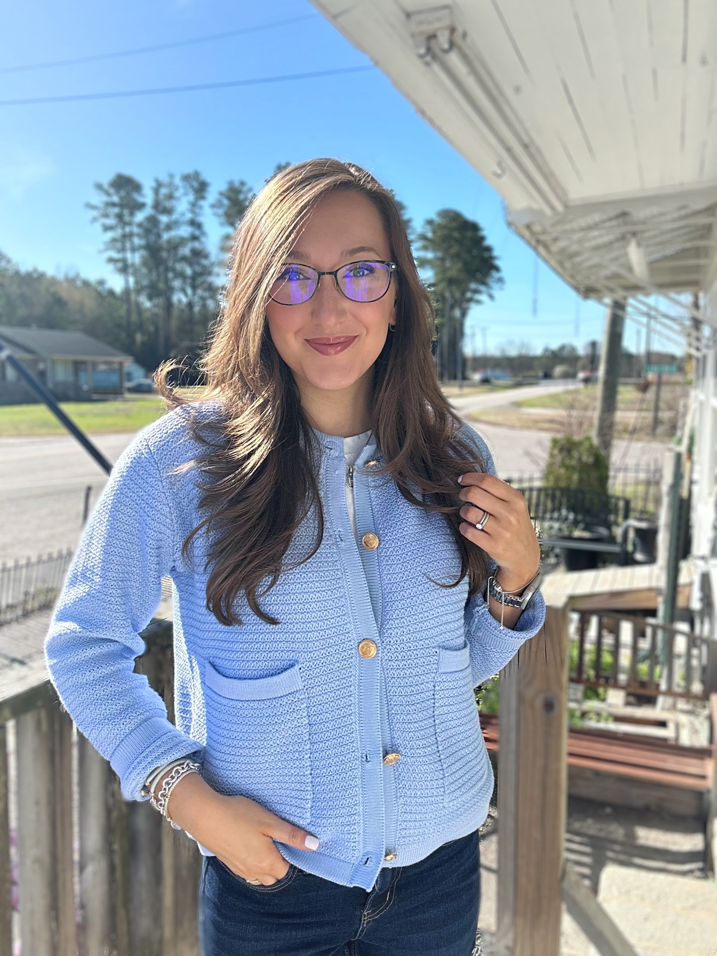 Light Blue Gold Button Cardigan Grace At Home Treasures Light Blue Gold Button Cardigan Grace At Home Treasures