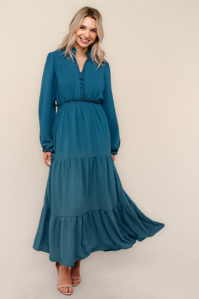 Teal Smocked Waist Tiered Midi Dress